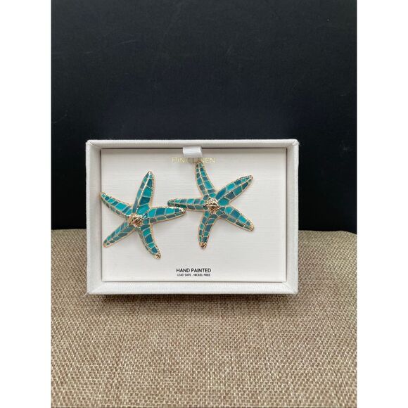 Pink Linen Starfish Hand painted Earrings Blue - Picture 6 of 6